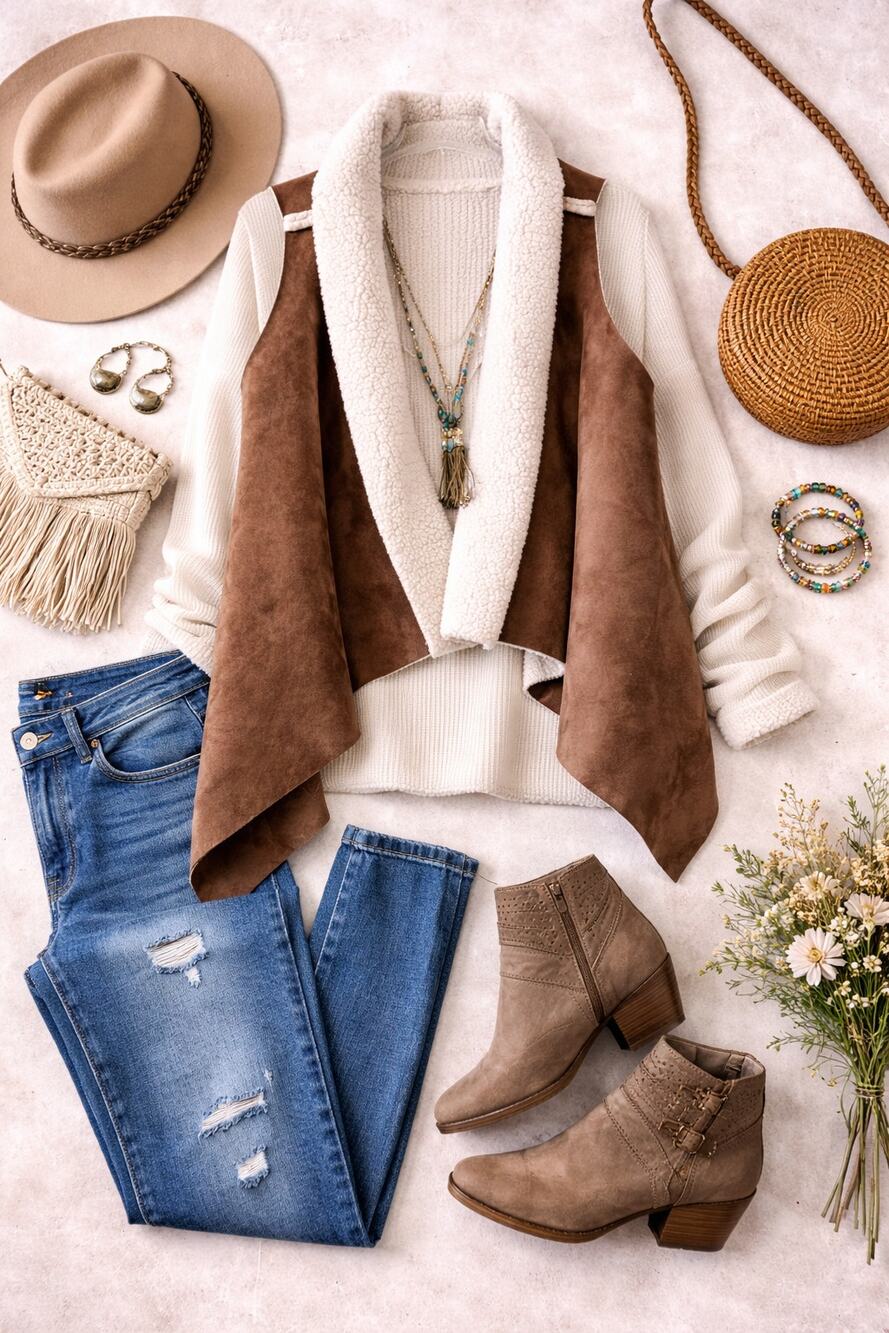 California Moonrise Sherpa Vest Womens S/M Brown Faux Suede Open Front Boho